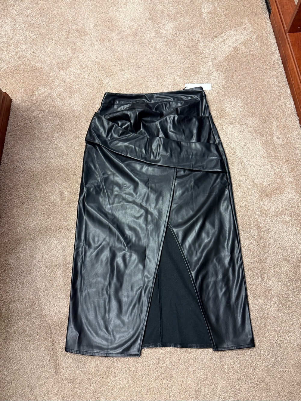 NEW Black Faux Leather Pencil Skirt with Front Slit